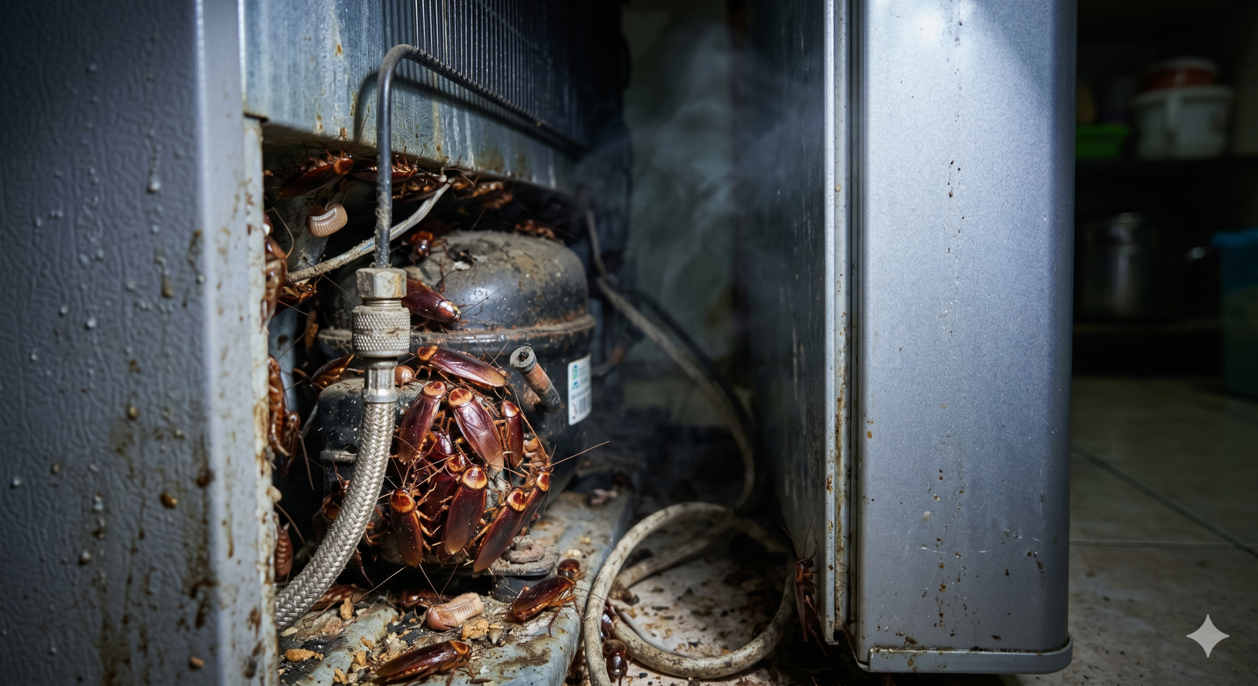 Cockroaches hiding behind a kitchen refrigerator