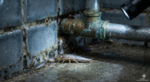 Silverfish crawling in a damp bathroom